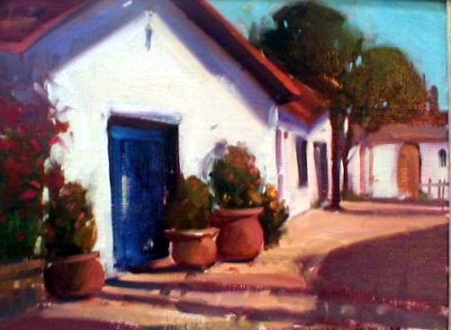 Howard Carr (American b.1947): Howard Carr (American b.1947) HOUSE WITH LARGE PLANTERS oil on panel signed "Howard Carr" lower right 14 x 18in.