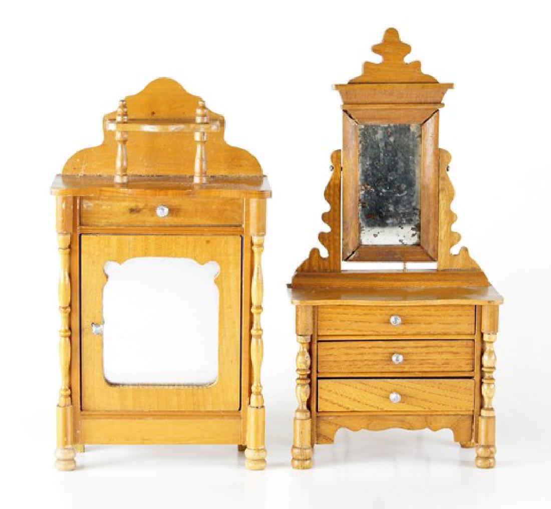 Antique Dollhouse Schneegas Dressers Miniatures: Antique German Schneegas dresser with G.A. Schwarz label has mirror over three drawers on turned legs 8"H, 3.75"W, 2"D, dresser with single drawer over mirrored door on turned legs 7"H, 3.75"W, 2"D