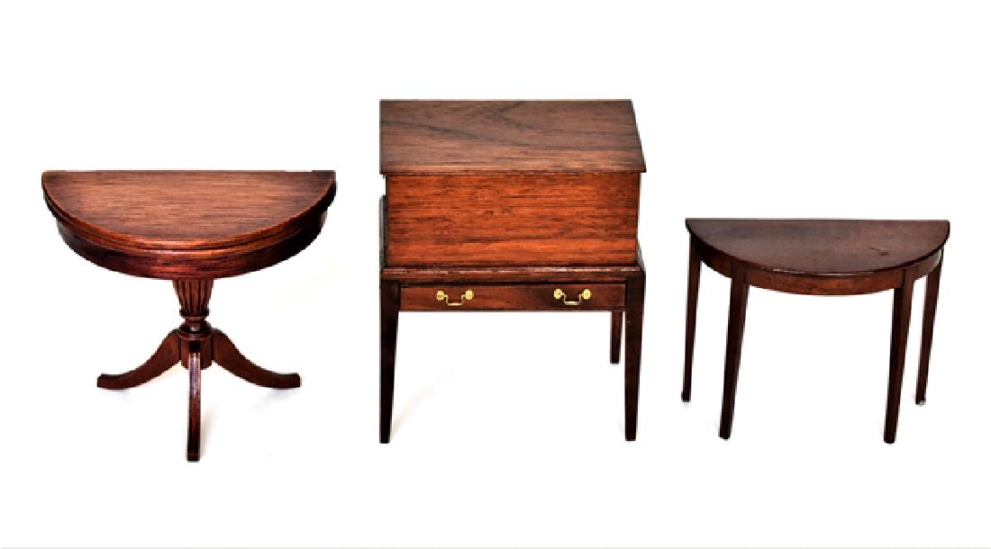 George Hoffman Dollhouse Cellarette & HW Table: George Hoffman mahogany cellarette, hinged lid over divided interior with single drawer in skirt over straight tapered legs 2.75"W, 3.25"H, 1.75"D, mahogany hinged top demilune table on tripod base si