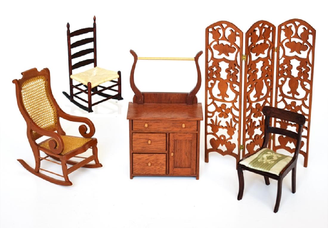 Dollhouse Artisan Country Furniture Miniatures: Donald Cnossen mahogany wash stand with lyre form towel rack, three drawers and a door 2.75"W, 4.5"H, 1.5"D, Chestnut Hill side chair 3"H, unsigned George Hoffman style ladder back rocking chair 3.25"