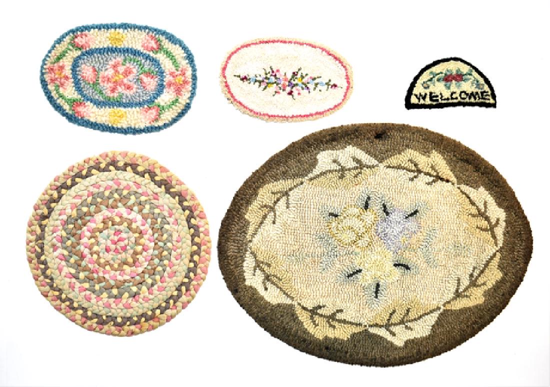 Five Dollhouse Rag & Embroidered Rugs Miniatures: Five country dollhouse embroidered and rag rags, largest 11.5" by 9"