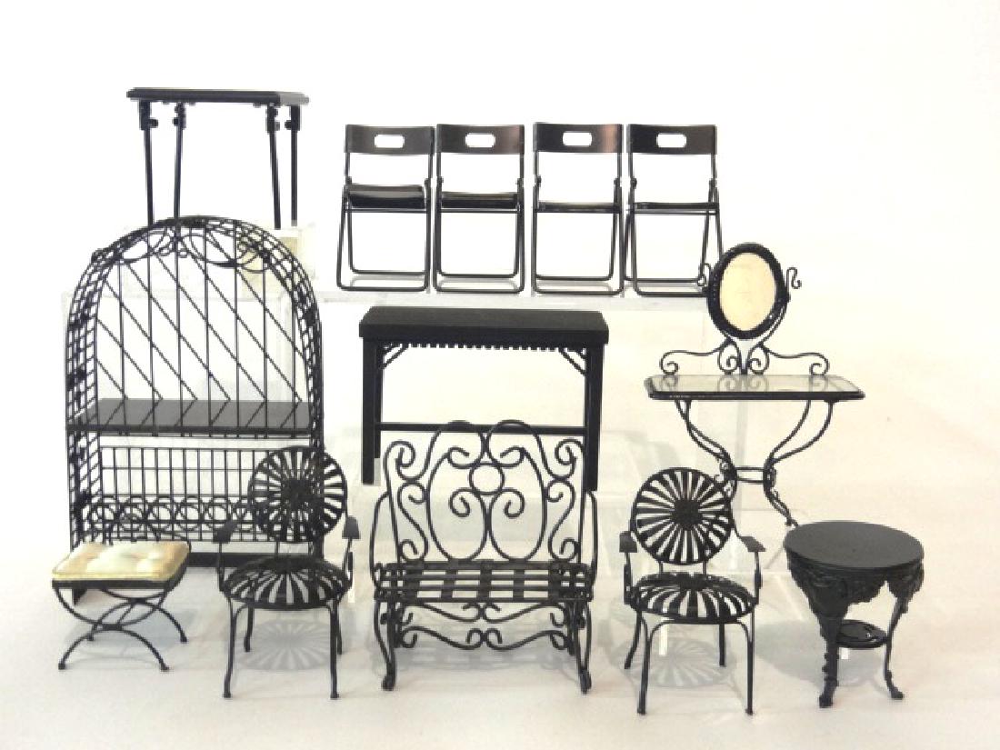 Dollhouse Black Metal Furniture Miniatures: Black wire baker's rack with marble shelf and bottle rack 6.75"H, dressing table with glass top and mirror 3.25"W with padded bench, settee 3.25"W with two armchairs 3"H, cast metal round table with r
