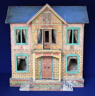 Antique Gottschalk Blue Roof Dollhouse: Antique early 20th century Gottschalk four room dollhouse, exterior features original paint and lithographed paper decoration, hinged sides open for access, interior has old wallpaper decoration, 23"W