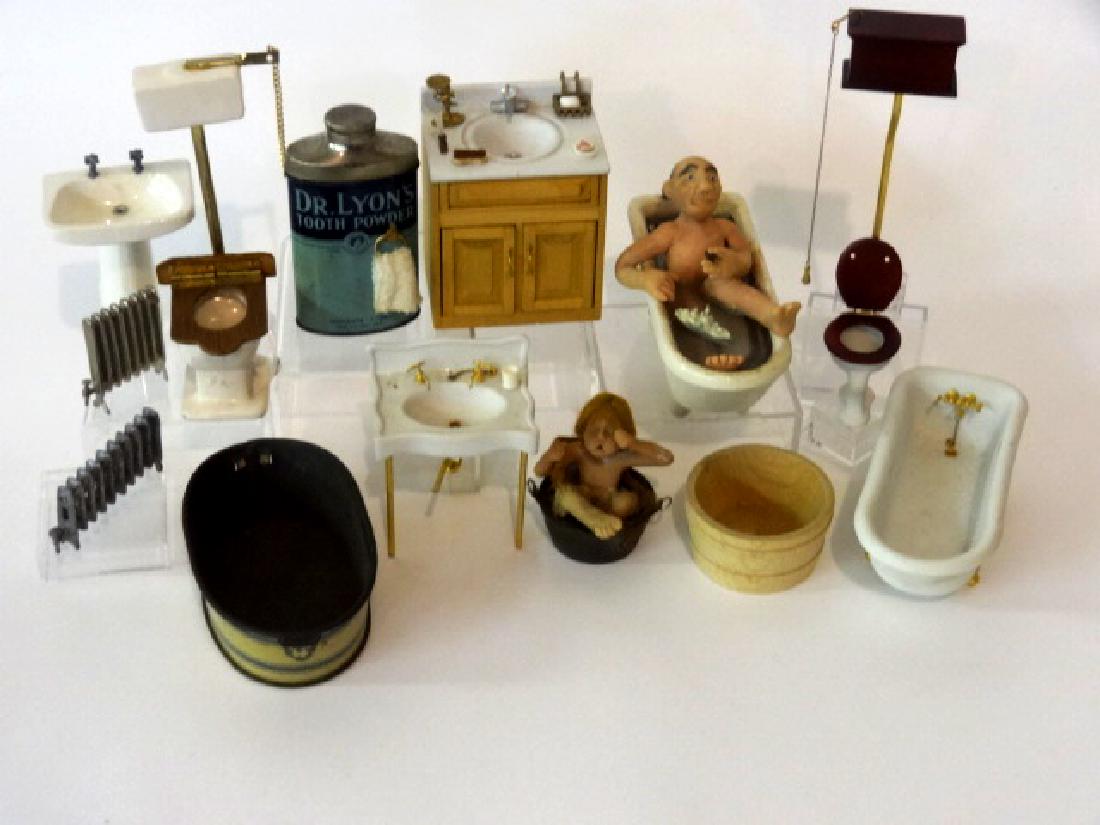 Large Lot of Dollhouse Bathroom Fixtures & Accessories: Ceramic tub with clay gentleman smoking a cigar and playing with his battleship 5.5"L, toilet with chain pull tank 5.25"H, vintage litho tin washtub, young lady clay character doll getting a wash in a