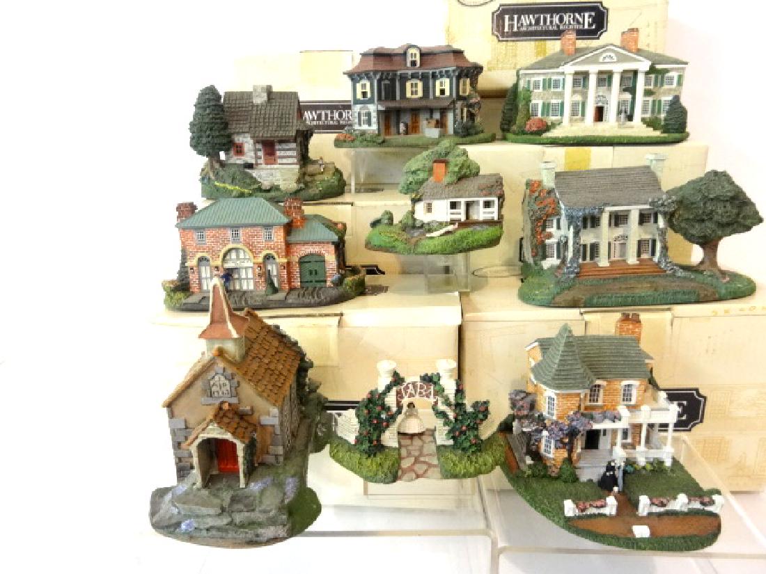 Eight Hawthorne Architectural Register Miniature Houses: Eight cast resin miniature houses from the Gone With The Wind Collection by Hawthorne Architectural Register, average width about 5", includes six original boxes