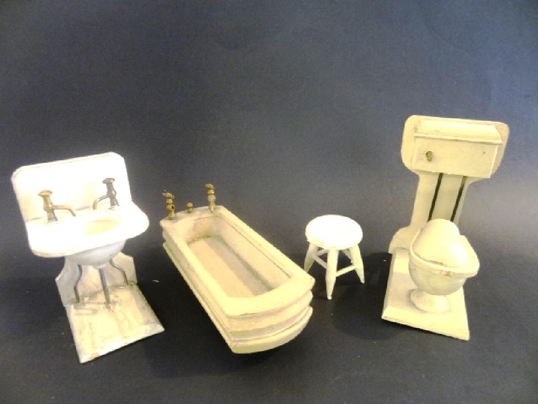 German Dollhouse Bathroom: Vintage wood German dollhouse bathroom with sink, tub, commode and stool, tallest 4.5"H
