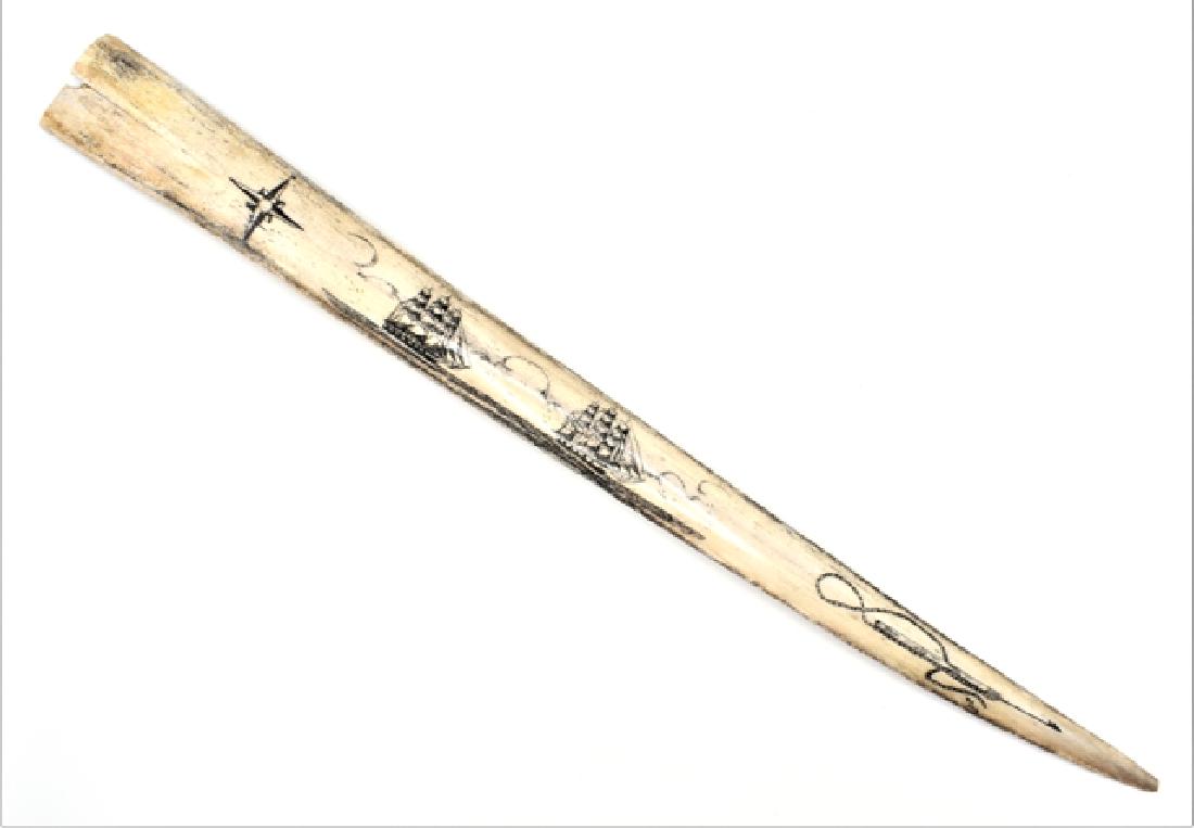 Michael Luiz Scrimshaw Swordfish Bill: Mike Luiz signed swordfish bill with scrimshaw compass, two sailing ships and a harpoon 24.25"L
