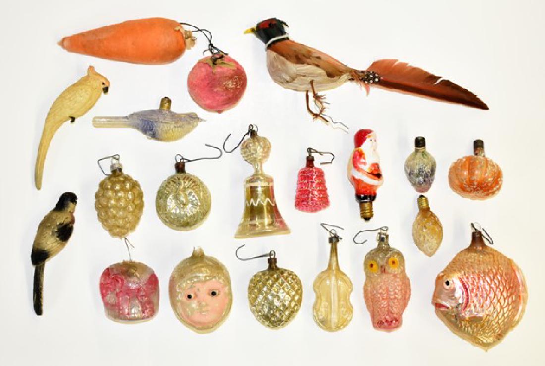 Antique Christmas Balls & Lights: Nice group of antique glass Christmas balls, fish 3.25"W, owl, child's face with chipped top, heart, grapes, fiddle, bell with damaged bottom, round ball with peacock decoration, elephant with chipped