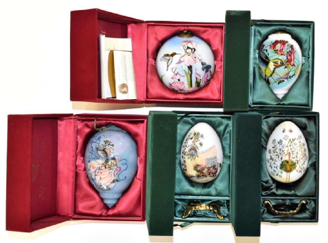 Five Ne Qwa Art Painted Christmas Balls: Five Ne Qwa Art hand painted reverse glass ornaments in original boxes, 4.5" to 6"H