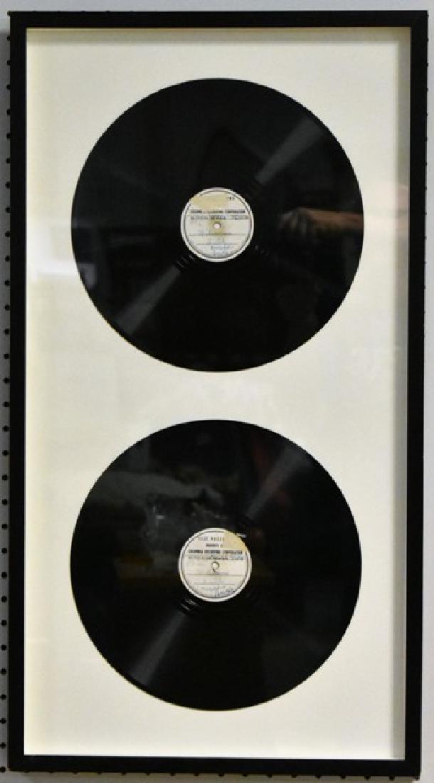 Two Columbia Corporation Bartok Test Records: A pair of test records from Columbia Records of Hungarian composer Bela Bartok's Mikrokosmos collection of piano music, housed together in a black wood frame 17" by 31"