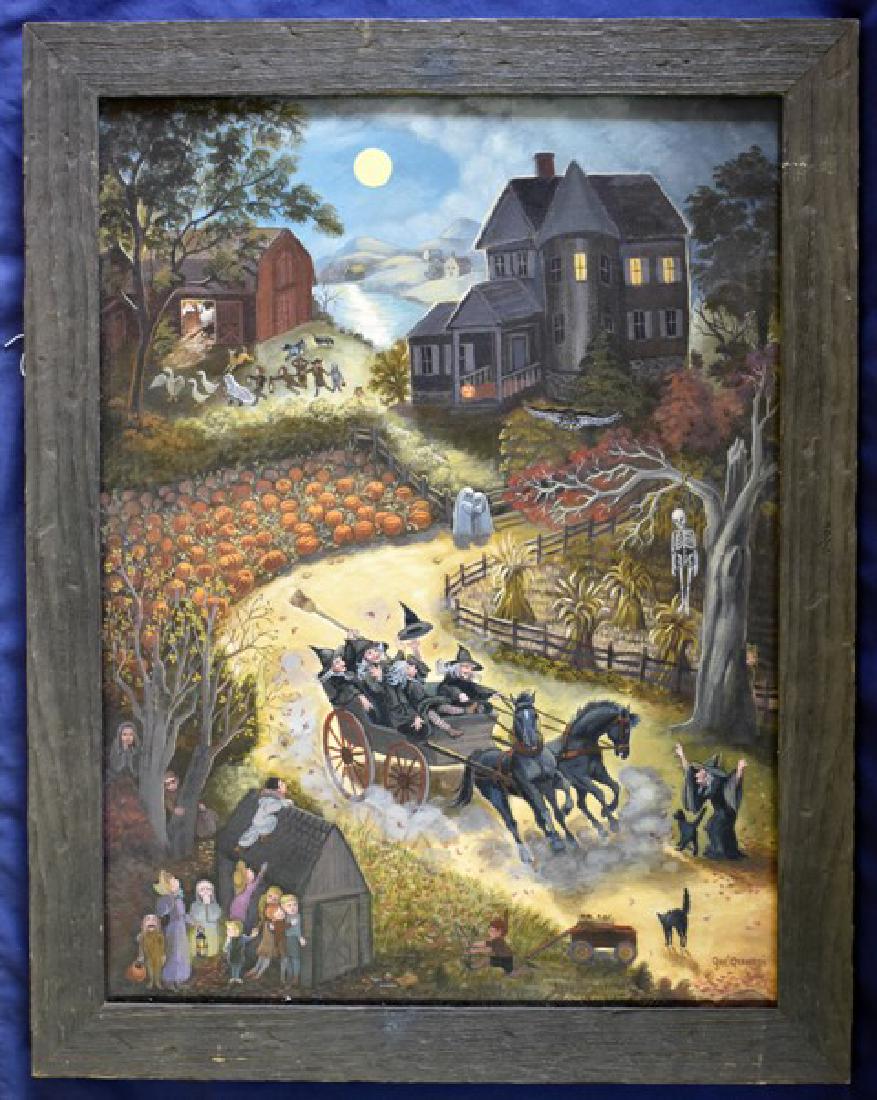 Gre Gerardi Halloween Witches Oil Painting: Gre Gerardi oil painting on canvas of witches going for a wagon ride on Halloween, 18" by 24" housed in a rustic wood frame 21.5" by 28", provenance Pook & Pook Auctions