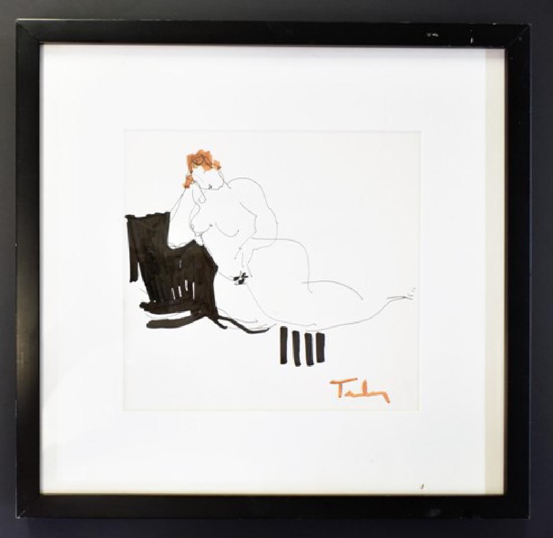 Itzchak Tarkay Original Nude Sketch: Itzchak Isaac Tarkay [Israel / 1935-2012] ink and marker sketch on paper signed LR, it is drawn on the back of a Perry Art Gallery advertising sheet for Tarkay's Women and Cafes, 8.5" by 9", housed in