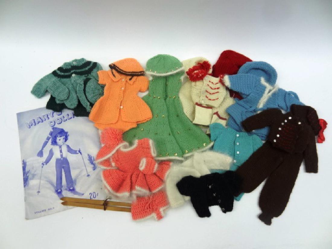 Collection of knitted Mary Hoyer outfits: Extremely colorful collection of knitted MH outfits: to include pink, green, brown, boots, skis, book