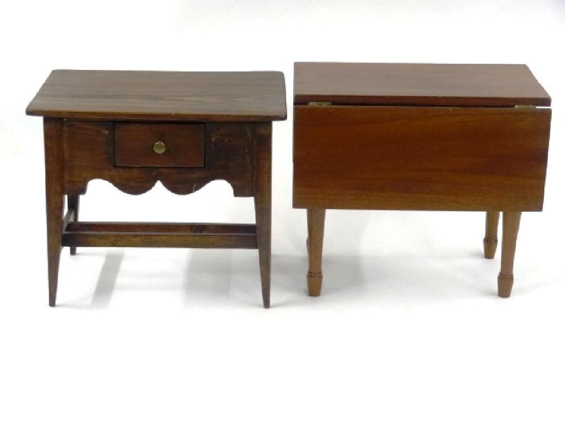 Antique Doll Dressing Table & Drop Leaf Table: Antique pine doll sized dressing table, single board top, single drawer over scalloped apron, square tapered legs with stretchers, assembled with cut nails and wood dowels 12"W, 9.75"H, 8"D, late 19th