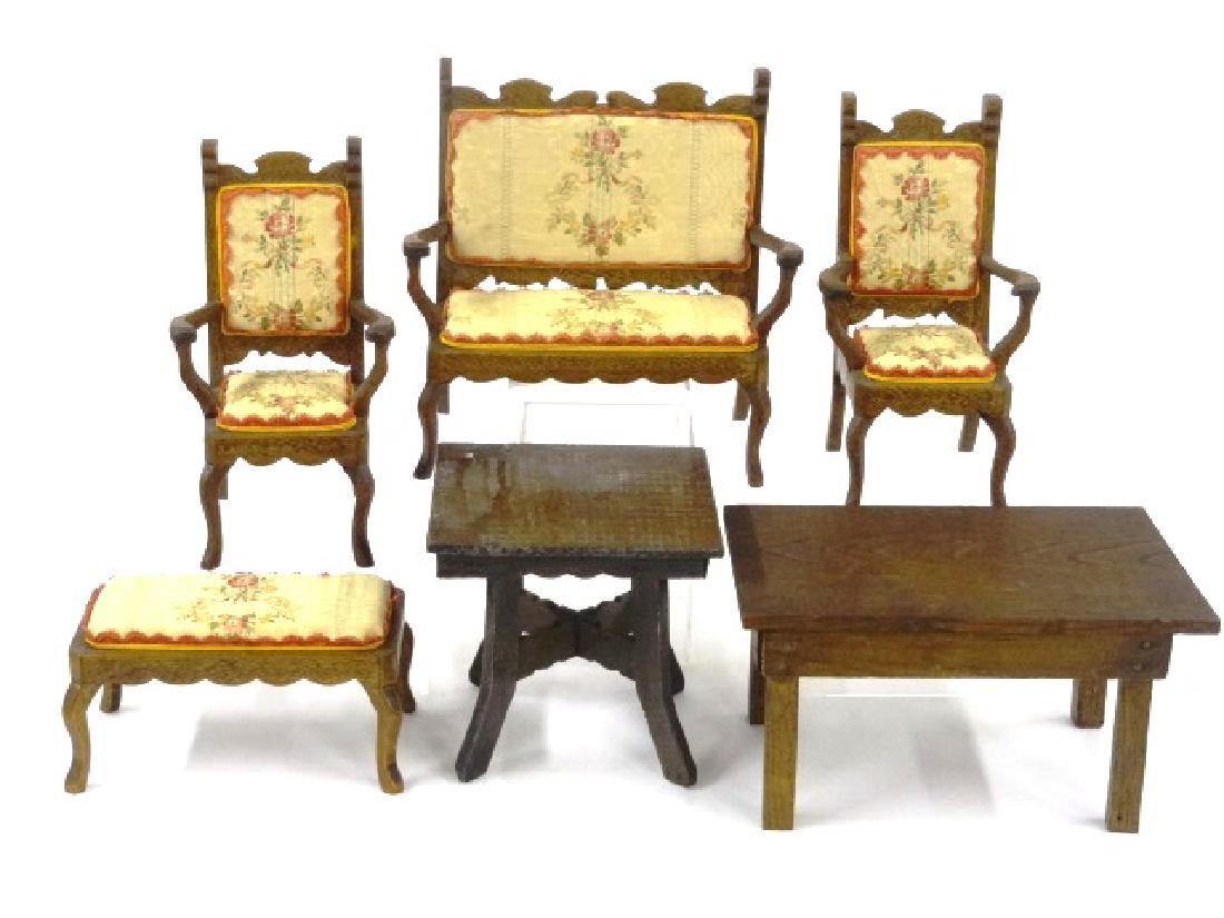 Antique Doll Parlor Set: Antique Mahogany Small Doll Sized Parlor set with settee 9"W, 8.5"H, 4.25"D, with two matching armchairs and a bench 7"L, also a similar scale square table 6"W and harvest table 9"L