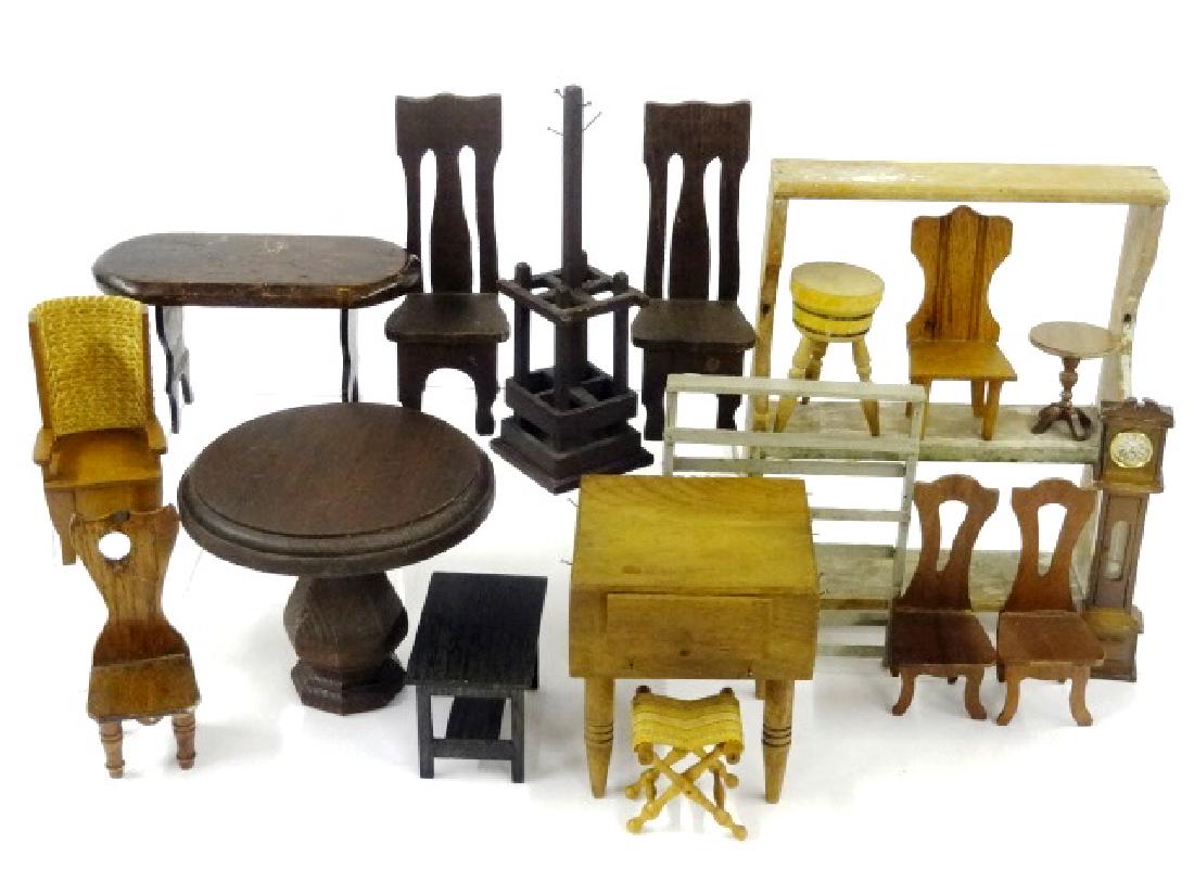 Large Lot of Vintage Primitive Dollhouse Furniture: Butcher block table 4.5"square by 5"H, coat rack umbrella stand 8"H, plate rack, grandfather clock, chairs, milk bench 7.75"W by 10"H, round table 6"D, 5.5"H, oval table 7"L, porter's chair, candle st