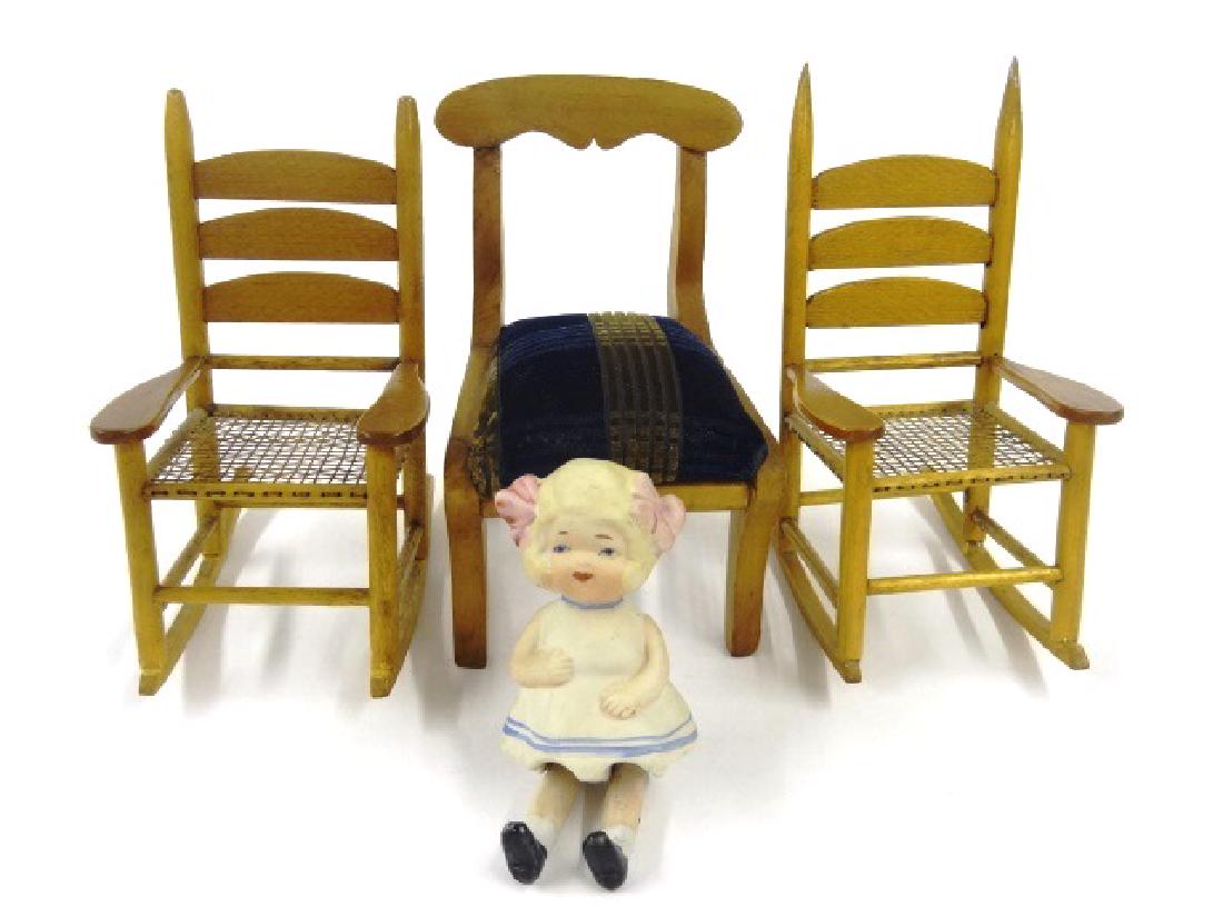 Vintage Dollhouse Chairs & Bisque Doll Miniatures (1 of 1)