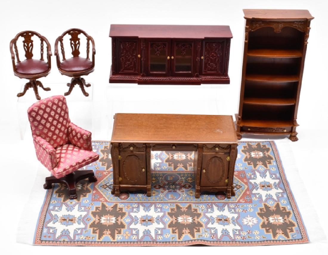 Bespaq Dollhouse Office Furniture Miniatures: Bespaq partner's desk 5.5"W with bookcase, credenza and chairs