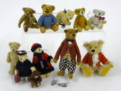 Dollhouse Small Artisan Bears Miniatures: Alex Stewart LE bear with sweater 2.5"H, Anita Holmes bear with red scarf, small B Heart bear, Carol Stewart brown bear with gold tag, two Little Gem teddies 1.75"H, unsigned skater, traveler, hippie