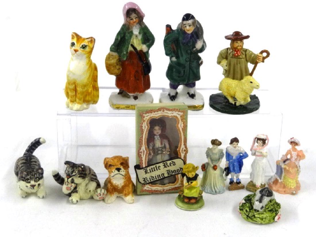 Dollhouse Small Artisan & Other Figurines Miniatures: Valerie Casson sitting cat 1.25"H, seated puppy signed illegibly, LFE lead cat, Ro cat cleaning paw, Goebel Hummel style figure, Little Red Riding Hood in box 1.5"H, ceramic rabbit, resin lady wearing