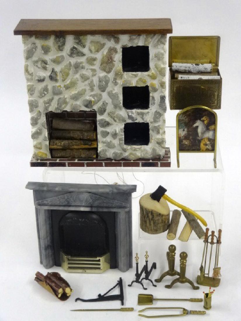 Dollhouse Fireplaces & Accessories Miniatures: Frank Preene stone style fireplace with electrically lighted fire 5.5"W, 5.5"H, cast resin Victorian style fireplace mantel 4.25"W, 3.75"H, brass firewood box 2"L, andirons, fire screen, logs, brass t
