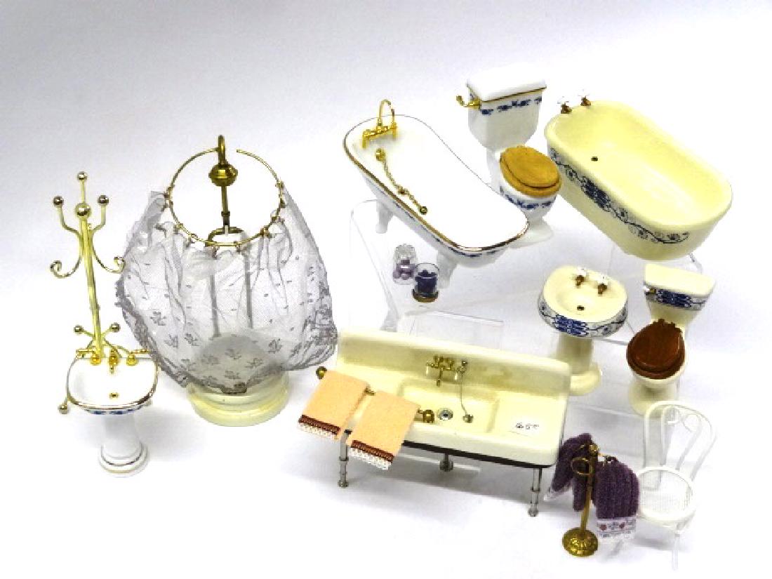 Dollhouse Bathroom Fixture Sets Miniatures: Dollhouse china three piece white & blue bathroom set with tub 5"L, sink and toilet, bone and blue china set with tub 5"L, sink, toilet and work sink 5"L, Ron Bufton round shower stall 2.75"D, 7"H, al