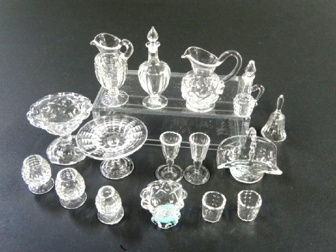 Ferenc Albert Dollhouse Glassware Miniatures: Ferenc Albert artisan dollhouse glassware, two sizes of compotes largest 9/16"W, two styles of pitchers, basket, decanter with pair of wine glasses, cruet, three brandy glasses and a pair of small tum