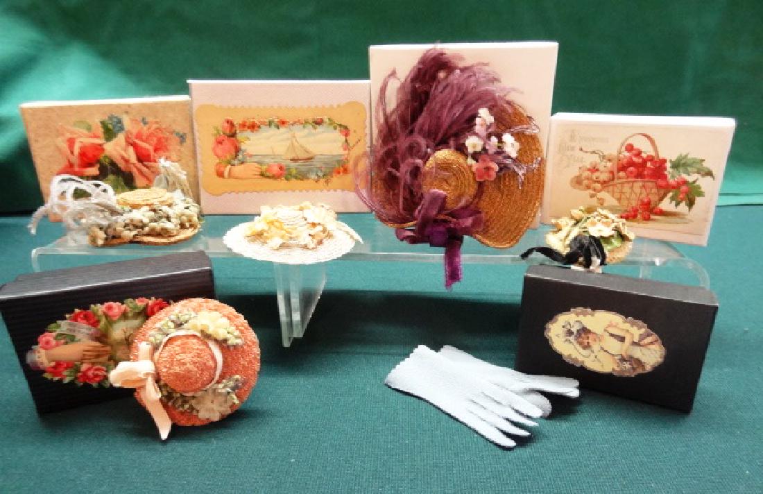Mini Doll Hats and Gloves: Gloves in Decorated Boxes, Wide Brim Hats with Flowers, 6 Pieces