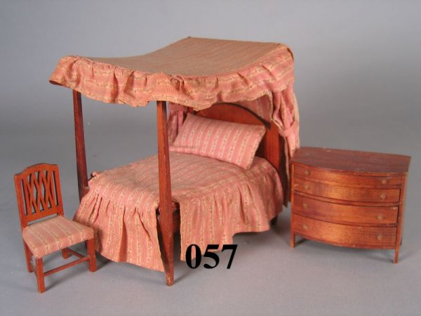 Tynietoy Bedroom Furniture: 3 PCS including the mahogany four poster with all original bed linens, Sheraton side chair in matching upholstery and Sheraton bow- front bureau, 7 ½" t.