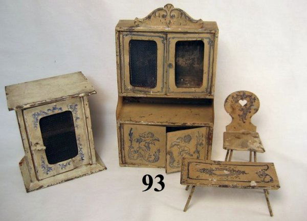 Bing Kitchen Furniture: 4 PCS kitchen furniture including tall cupboard, screened pie safe, bench and a chair. The four pieces have a blue design on an off white background. The cupboard and chair match kitchen furnishings i