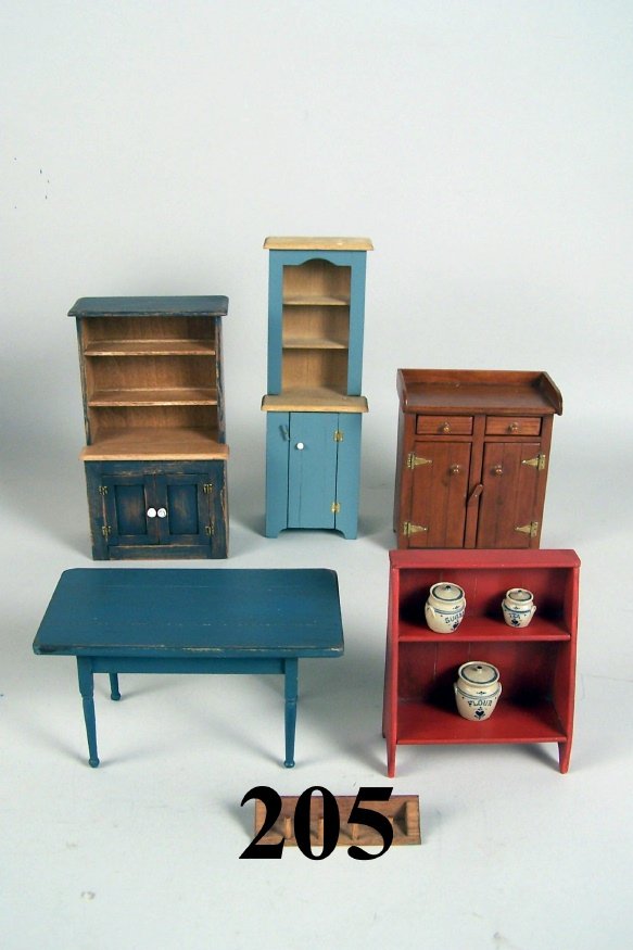 Tom Thumb & CJ Furniture Graber Pottery: Country furniture, red bucket bench and blue table by Sir Tom Thumb, grain painted blue cupboard marked CJ's 1988, Jelly cupboard marked DZE87, blue stepback marked Palmer H 93, Pottery by Jane Graber