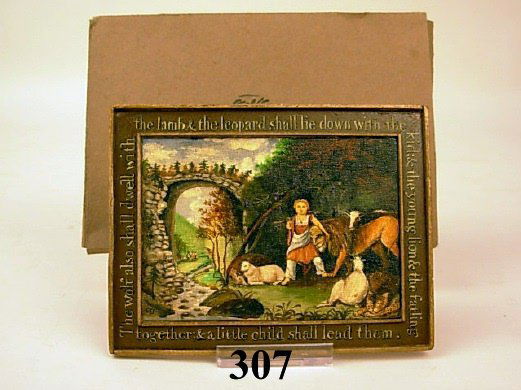 Rare Miniature Schlosser Oil Painting: Rare miniature oil painting of the "Peaceable Kingdom of the Branch" 1825-30, Yale University signed by George Schlosser 1981, includes original envelope, 3 1/2 x 4 1/4"