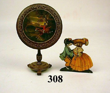 Natasha Table & Schlosser Firescreen: Painted tilt top table by Natasha 1983, fir screen depicting dancing dogs by George Schlosser 1983, 3 3/4"t