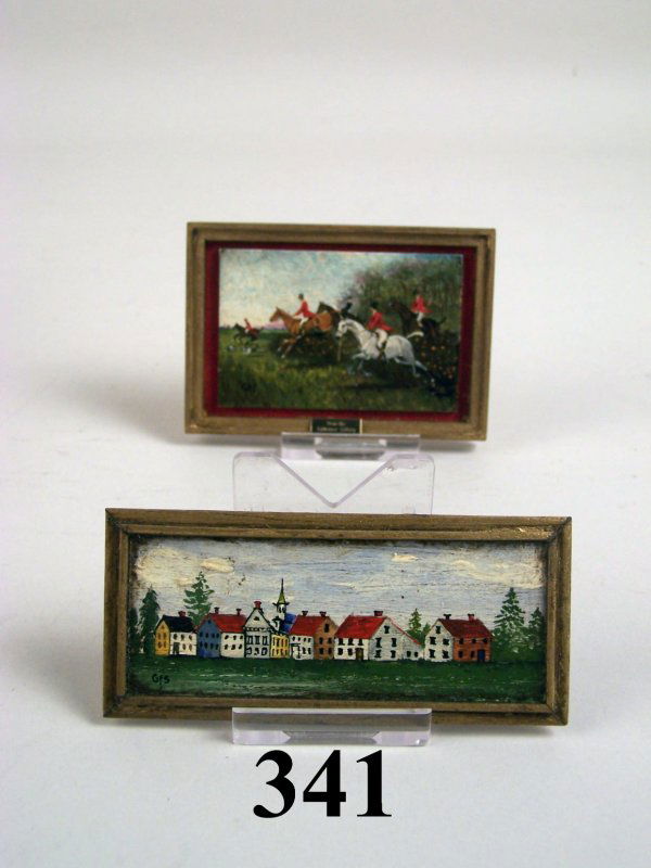 Schlosser Miniature Painting: Miniature paintings George Schlosser, Hunt Scene with brass tag and House Scene, 2 pieces, 2 3/8"t