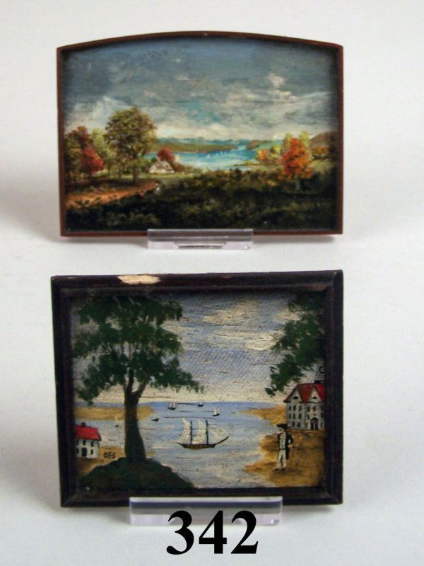 Schlosser Miniature Painting: Miniature painting George Schlosser Autumn on the Hudson 1980 and View of Winter Island Salem Mass., 2 pieces, 3"t