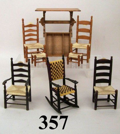 George Hoffman Dining Furniture: George Hoffman dining table, four ladder back chairs with rush seats, two with foot stools, tray, rocker with woven seat and back, 9 pieces, 4"t
