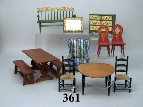 Hillhouse Furniture: Hillhouse trestle table with two benches, oval drop-leaf table, two ladder back chairs, green painted settee with matching dresser and mirror, two Dutch chairs, upholstered wing back chair, 12 pieces,