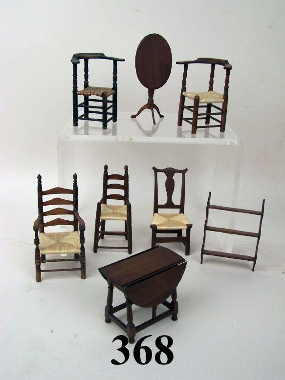 George Hoffman Table & Chairs: George Hoffman gateleg table, oval tilt top table, hanging shelf, two corner chairs, dining chair, ladder back arm chair, ladder back high chair, 8 pieces, 3 3/4"t