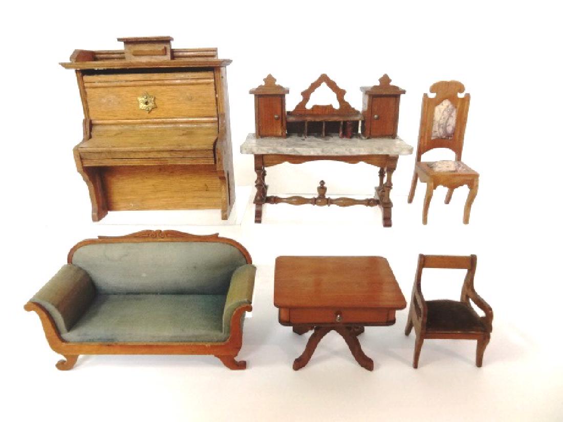 Antique German Dollhouse Piano & Furniture Miniatures: Antique German marble top writing desk 5.5"W, sofa 6.75"W, upright piano 5.25"W, 6"H with chair, sewing table with fitted drawer 3.75"W with chair