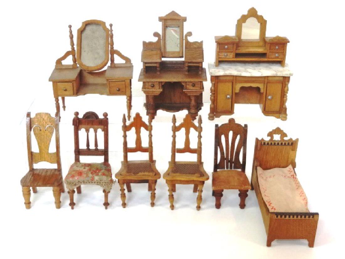 Antique German Dollhouse Furniture Miniatures: Antique German marble top sideboard 4.75"W, dressing table with mirror 3.75"W with chair, bed 5.5"L, dressing table 4.5"L, four assorted chairs