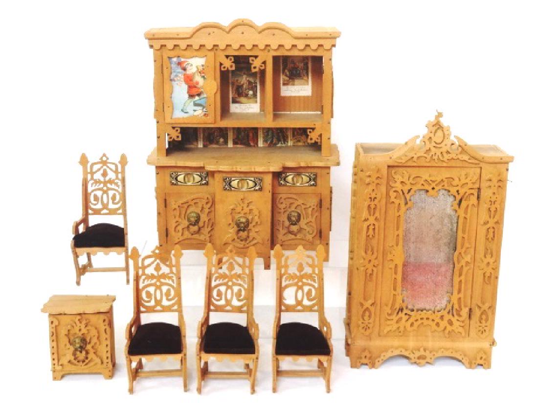 Large Scale Fretwork Dollhouse Furniture Miniatures: Antique German dollhouse fretwork furniture, china cabinet 9.25"W, 11.75"H, 5"D missing top right door, wardrobe with mirrored door 12"H, 7"W missing trim pieces, small cabinet with lion head pull 3.5