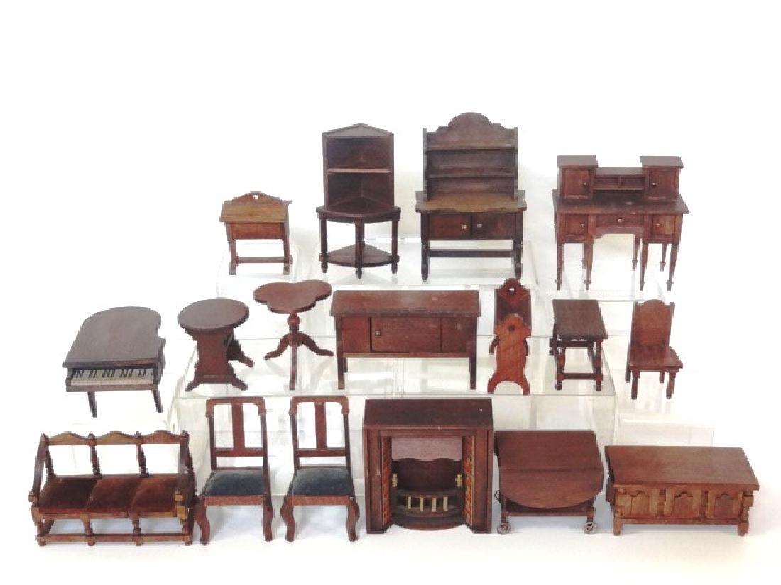 Antique German Dollhouse Furniture Miniatures: Nice group of antique dollhouse furniture, most impressed or labeled "Germany", sideboard 4.5"W, writing desk 4.5"W with chair, china cabinet 5.5"H, serving cart with metal wheels, grand piano 4"L, bl