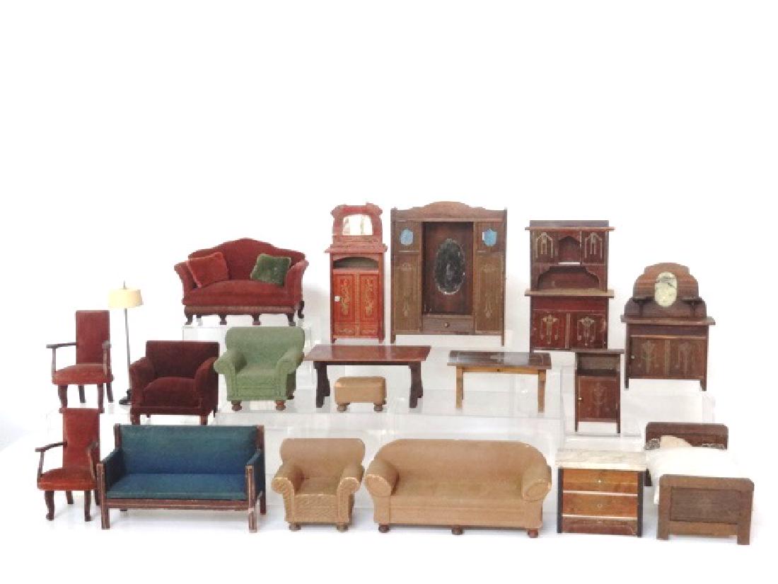 Antique German stencil Decorated Dollhouse Furniture: Group of Antique German furniture with paint stenciled decoration, wardrobe, 5"W, 6"H, china cabinet 6"H, sideboard with mirror 3.75"W, dresser with mirror 6"H, trestle table 5"W, marble top dresser 3