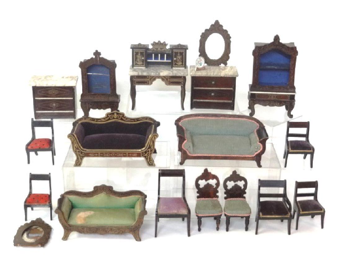 Antique German Dollhouse Biedermeier Furniture: Nice group of antique German Biedermeier style furniture with stencil decoration, writing desk with marble top 4"W, marble top dresser with mirror 6"H, sofa with repaired legs 6"W, sofa with stripped 