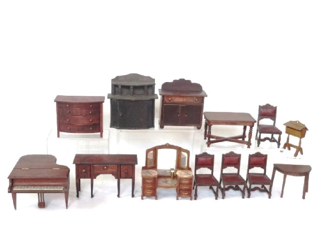 Antique German Dollhouse Furniture Miniatures: Nice group of dark stained German dollhouse furniture, sideboard 5.5"L with four chairs 4"H impressed "Germany", dining room table 4.75"L, two small sideboards, four drawer bow front dresser 4.5"W, de