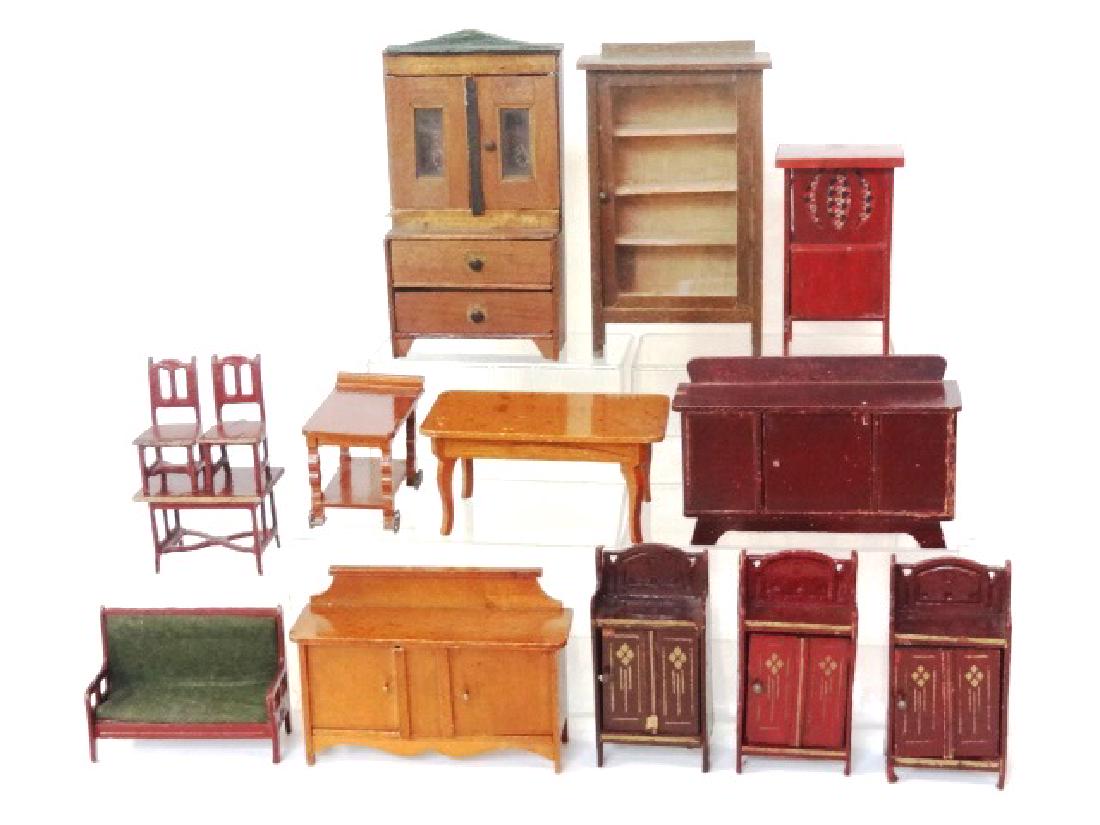 Lot of Antique Dollhouse Furniture Miniatures: Biedermeier china cabinet 7"H, sideboard 5.5"W with dining room table 5"L both signed "Germany", single door china cabinet 6.75"H signed "Made In Germany", serving cart on metal wheels 3.5"L signed "G