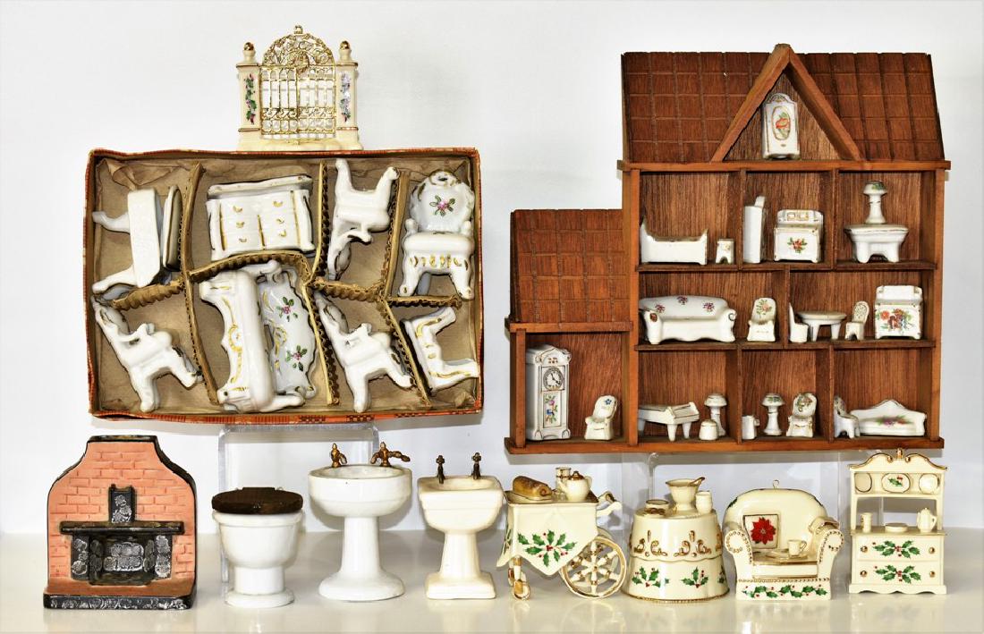 Vintage Dollhouse Ceramic Furniture Miniatures: Vintage boxed seat of dollhouse ceramic furniture with piano, dresser trinket box, sofa 3.5"L, table and four chairs, wood house 11.25"W shaped display case filled with 1/2" scale furniture, five piec