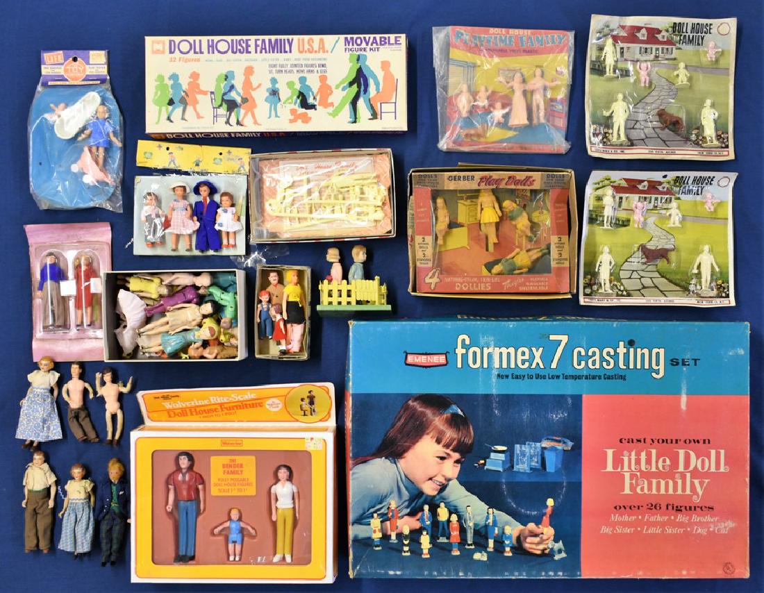 Vintage Boxed Sets of Dollhouse Dolls: Group of vintage plastic and rubber dolls in original boxes or blister packs, Emenee formex 7 casting set Little Doll Family with unused contents 22"W, 4 Gerber Play Dolls in Original Box 9"W, Marx Do