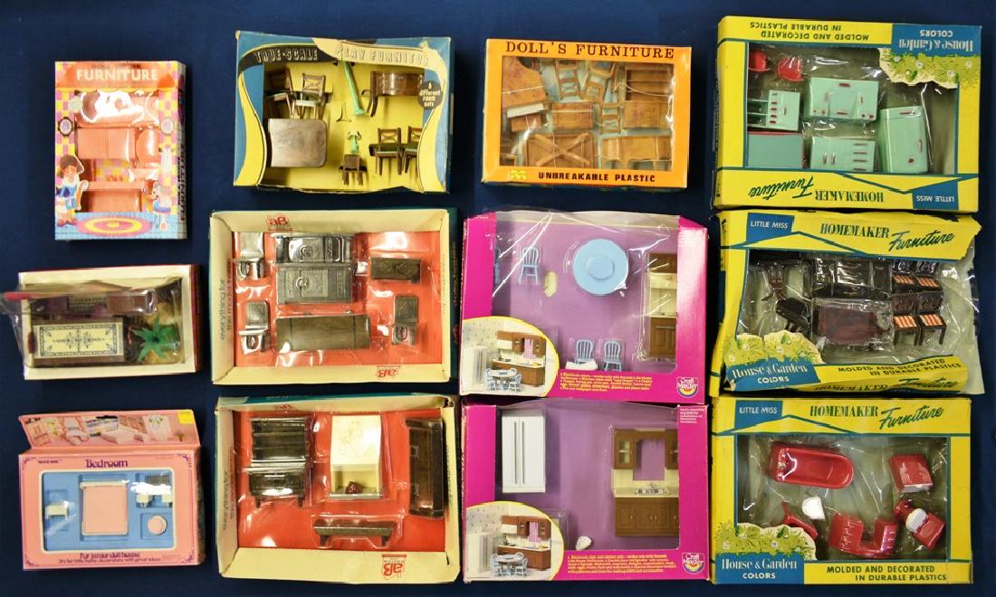Vintage Boxed Sets of Dollhouse Furniture Miniatures: Rooms of vintage plastic dollhouse furniture in original boxes, three boxes of Plastic Art Toy Corporation Of America Little Miss Homemaker Furniture 14"W, two boxes of Craft Master The Sounds Like Ho