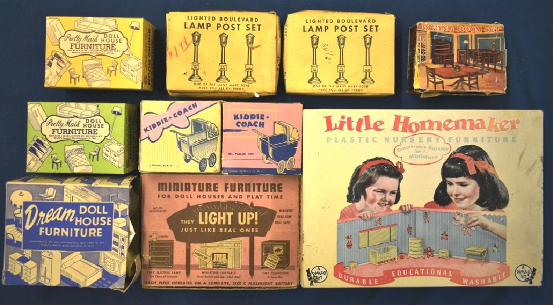 Vintage Boxed Sets of Dollhouse Furniture & Accessories: Vintage dollhouse furniture and accessories in original boxes, five Marx sets, [2] Lighted Boulevard Lamp Post Set, Pretty Maid dining room, bathroom and bedroom sets, More Mfg. Co. Light Up! Furnitur